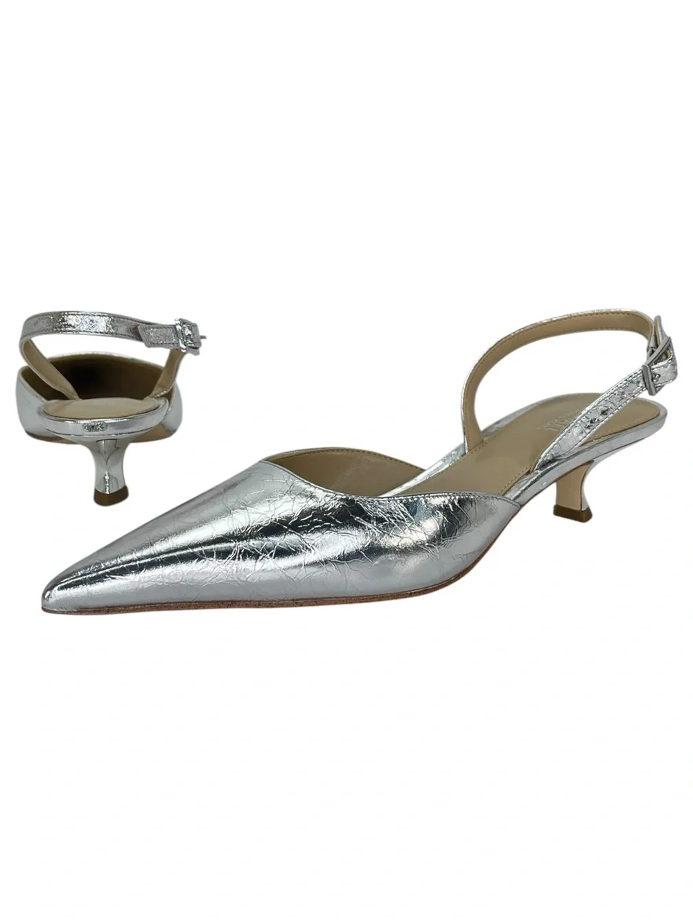 Michael Kors Luna Silver Leather Slingback Womens Kitten Heels Size 7.5M